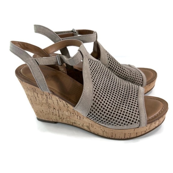 FRANCO SARTO Canyon Perforated Wedge Espadrille Cork Open Toe Sandal Taupe 10M - Picture 1 of 13